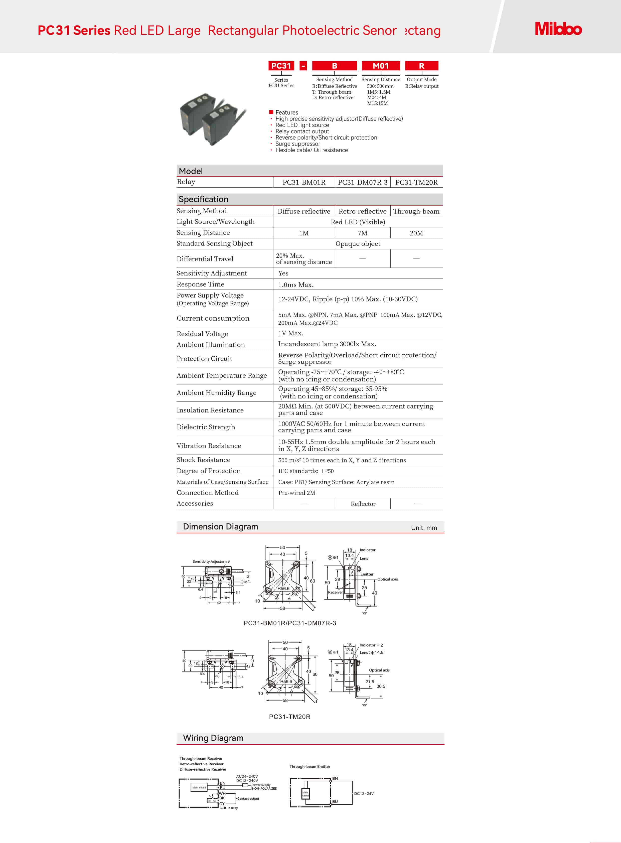 PC31 Series Red LED Large Rectangular Photoelectric Senor