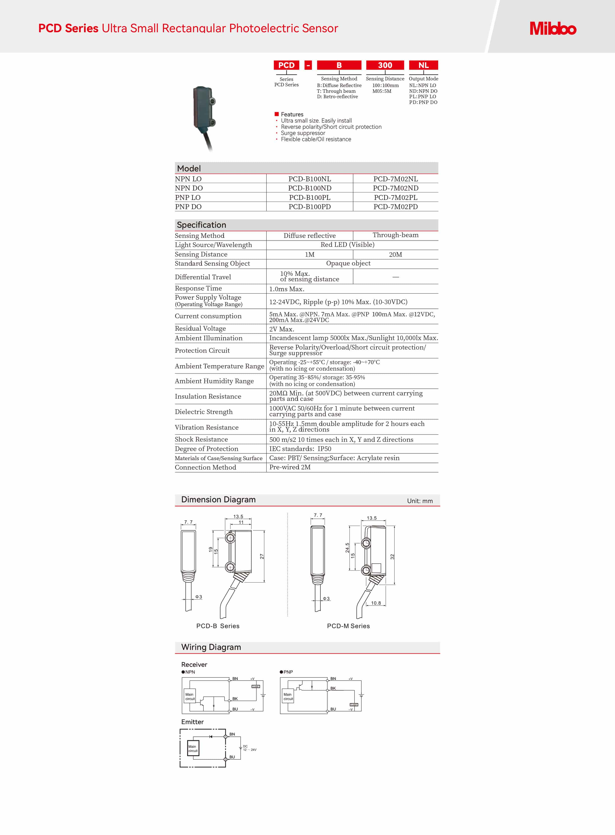 PCD Series Ultra Small Rectangular Photoelectric Sensor